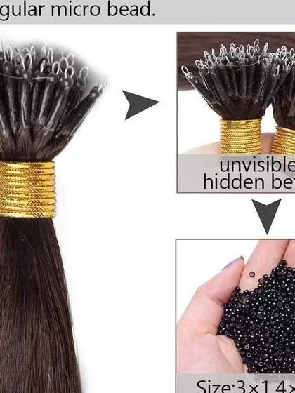 An infographic explaining the benefits of our nano ring extensions. The beads are smaller than regular micro beads, allowing them to be hidden better for an invisible and seamless look.