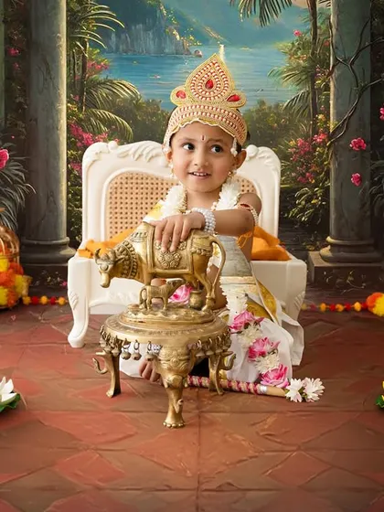 This little Krishna is ready for his close-up, sitting on a miniature throne surrounded by festive props.