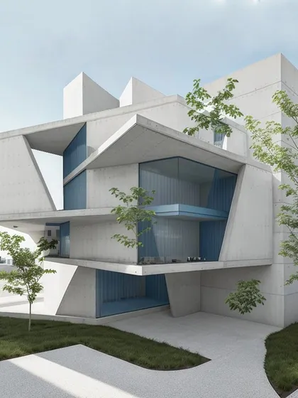The final render for scheme 1, a brutalist-inspired composition of concrete and glass.
