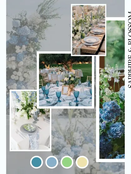 A 'Sapphire & Blossom' mood board. This theme is both bold and delicately charming, using shades of blue with soft floral accents for a unique and elegant wedding decor style.