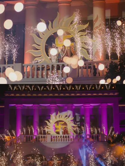 Two views of a spectacular varmala ceremony. We use grand props like this sun emblem and dramatic lighting, combined with perfectly timed pyrotechnics, to ensure your varmala is a breathtaking highlight of your wedding.