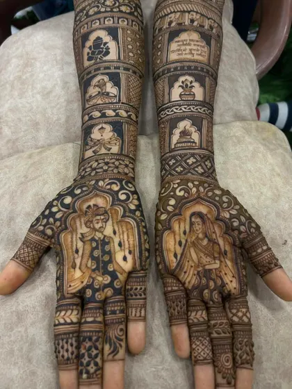 This full bridal design features regal portraits of the bride and groom. The dark, rich stain is a result of my high-quality, natural henna paste.