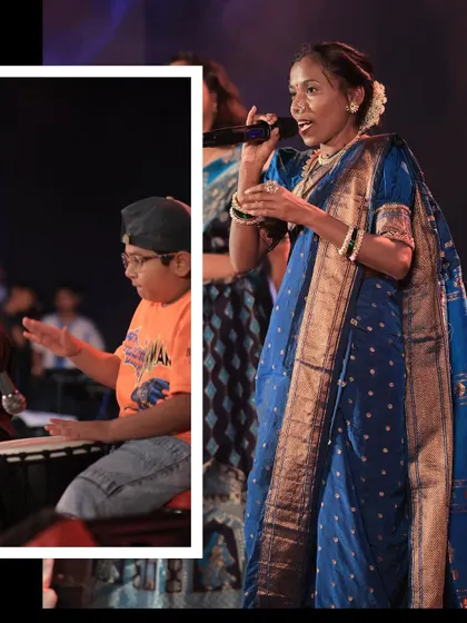 A core memory from our 2025 annual concert. This image captures the beautiful blend of vocal performance and instrumental music, showcasing a student on the djembe.