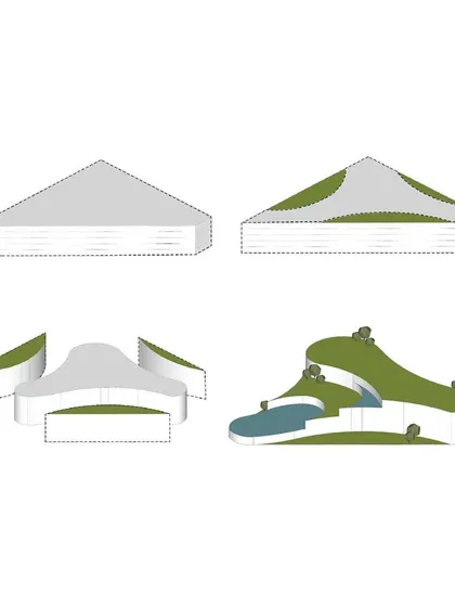 Terraced and peeled 2/8… diagrams showing a form being carved to create organic, flowing landscapes and pools.