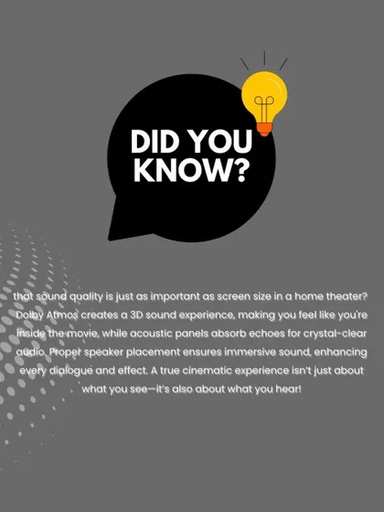 Sound quality is just as important as screen size. This graphic explains how Dolby Atmos creates a 3D sound experience and how acoustic panels ensure every sound is crystal clear.