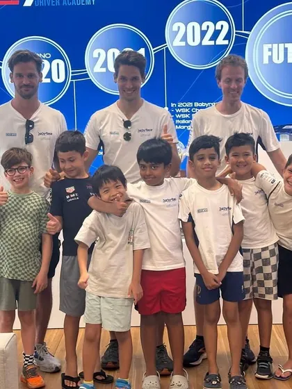 A group photo of the young international talents at the Baby Race Driver Academy.