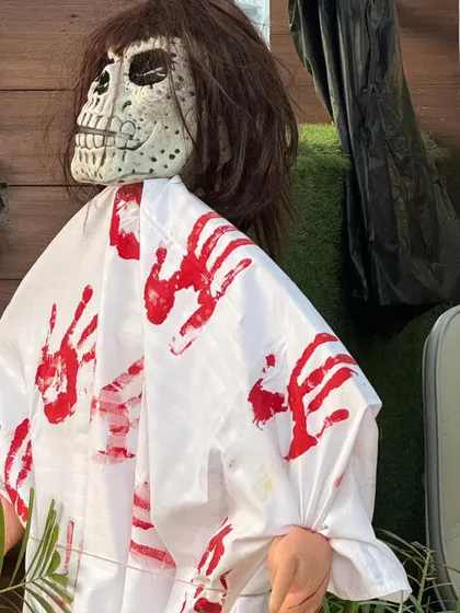 A close-up of one of our spooky residents. The decorations are designed to be fun and just a little bit scary, perfect for getting kids excited without being too frightening.