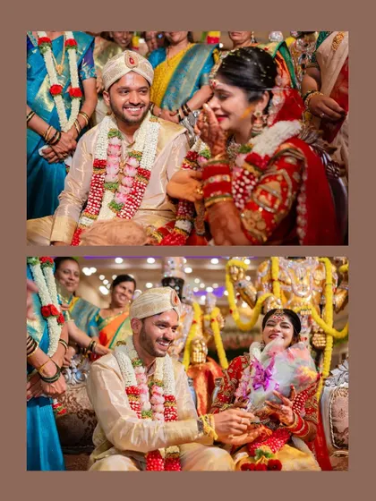 A collage of happy moments from the wedding ceremony, with the couple sharing smiles and laughter.