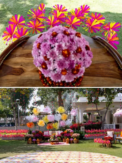 A collage showing details of the Mehendi decor, including a floral centerpiece and a wide view of the garden setup.