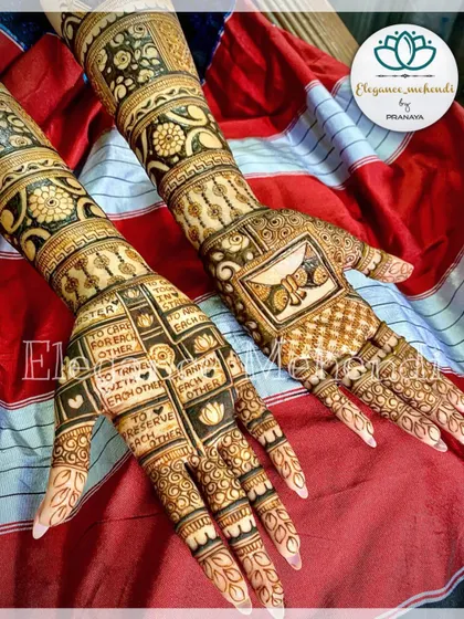 A closer look at the wedding vows mehendi. Each block contains a different promise, turning the bride's hands into a beautiful storybook of her commitment.