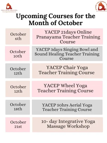Don't miss these upcoming courses in October. We have trainings in Pranayama, Sound Healing, Chair Yoga, Aerial Yoga, and more.
