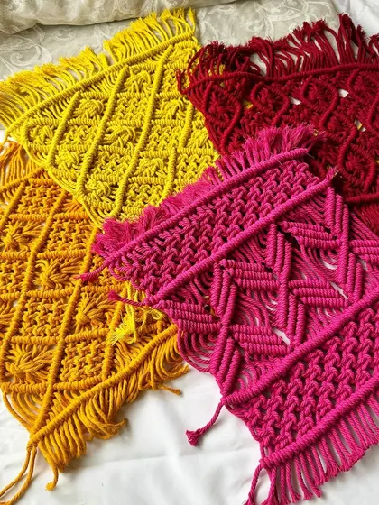 A little behind-the-scenes shot of some colorful cushion covers in progress. I love seeing the vibrant patterns come to life.