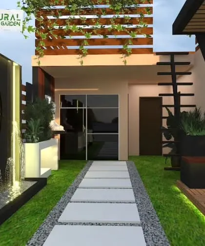 A proposed design for a Rohini terrace, featuring a dramatic waterfall fountain. The layout includes a pathway, a pergola, and a staircase, showing a complex and layered design.
