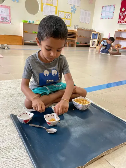 Spooning grains from one bowl to another is an early practical life activity. It isolates the wrist movement needed for writing and helps children develop control, precision, and the ability to complete a task from start to finish.