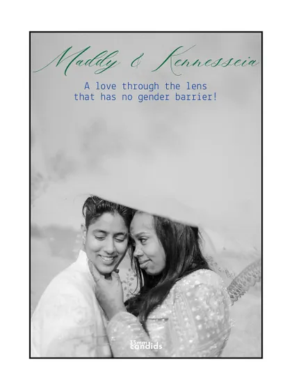 A tender portrait with the text "A love through the lens that has no gender barrier." This image directly celebrates their story and my commitment to inclusive wedding photography.