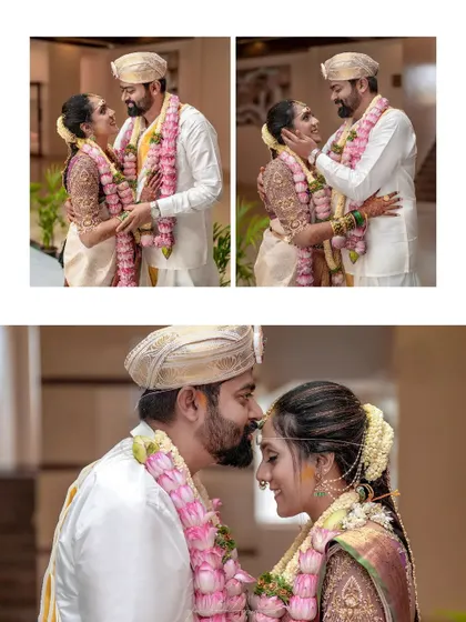 A collage of tender moments from a wedding ceremony. The exchange of garlands and loving glances are preserved in this series of heartfelt images.