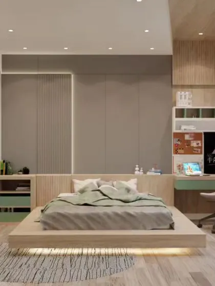 This bedroom features a floating bed with under-lighting, which makes the room feel more spacious and adds a modern touch.