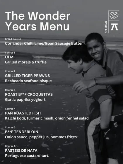 The non-vegetarian menu for 'The Wonder Years', featuring dishes like Grilled Tiger Prawns and Beef Tenderloin.