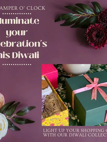 An announcement graphic for our 2023 Diwali Collection, inviting customers to illuminate their celebrations with our hampers.