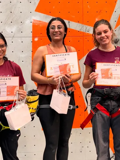 The winners of the Women's Speed Climbing competition on the podium, proudly holding their certificates and prizes.