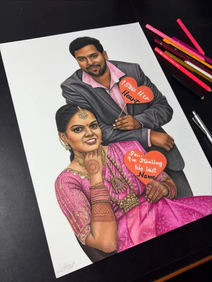 This is the kind of vibrant, hyper-realistic art I love to create for couples. I used Brustro colour pencils on A3 paper to capture every detail of their special moment, making it a perfect wedding gift.