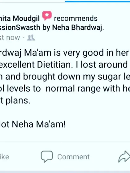 I am so grateful for feedback like this. This client not only lost 5 kg in one month but also successfully brought her blood sugar and cholesterol levels back to a normal range. It highlights my approach of using simple, easy to follow diet plans to achieve significant health goals.