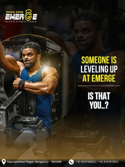 Someone is always leveling up at Emerge. Is it you? This image of a member showing off his physique challenges you to join us, push your limits, and become your strongest self.