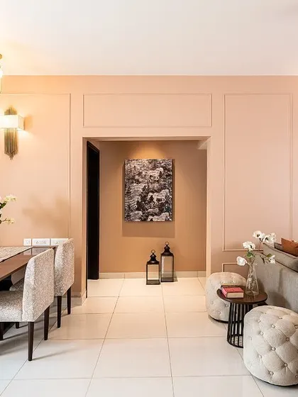 The "Galloping Horses" painting seen from a distance in its final setting. It serves as a focal point in the dining area, its dynamic energy filling the space.
