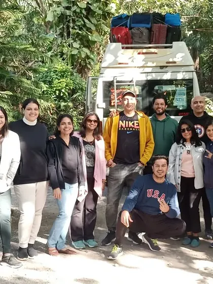 Ready for the next adventure. Our Rishikesh retreat group poses for a photo before heading out.