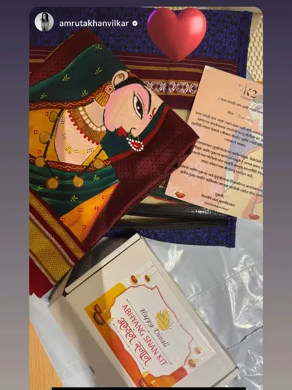 Actress Amruta Khanvilkar sharing a picture of the Abhyang Snan Kit she received. I am filled with gratitude for the love and support.