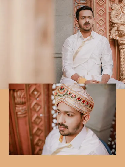 A collage of portraits of the groom, showcasing his traditional wedding attire and the details of his Mysuru Peta.