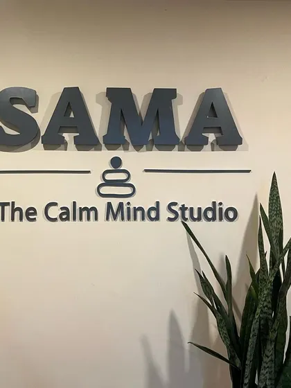 The SAMA logo on our studio wall. This is the first thing you see when you enter our calm space, a simple reminder of the tranquility that awaits you inside.
