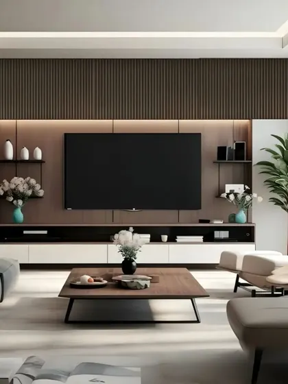 A minimalist and elegant living room setup. The TV is mounted on a dark, vertically slatted wall, with a simple white console below, creating a clean and sophisticated entertainment area.