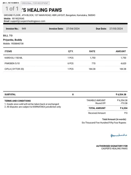 An invoice for Buddy's heart medications, totaling Rs. 6,554. This is a recurring cost we need help covering.