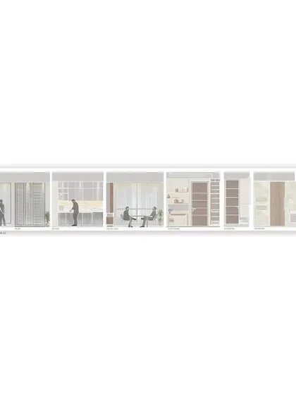 Architectural drawings for 'Pad By The Bay.' This sectional view shows the planned layout of the interiors, illustrating the flow between the living, dining, and kitchen areas.