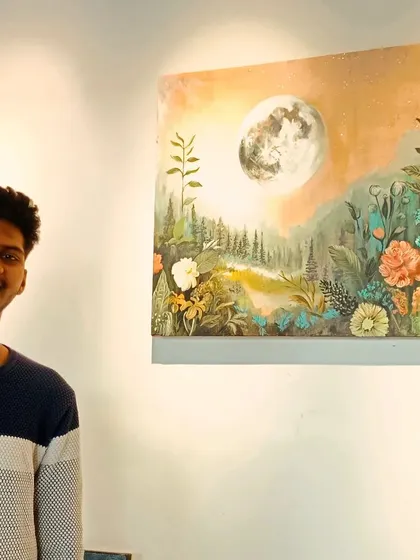 A happy art collector, Allen, with his newly purchased painting by artist Suma. It is always rewarding to see our clients connect with a piece of art.