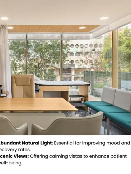 A key EBD strategy is providing abundant natural light and scenic views. This consultation room with a large window offers a calming vista, which is proven to improve mood and enhance patient well-being.