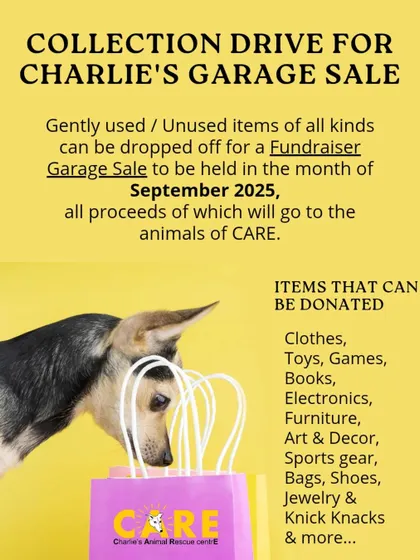 This poster details the types of items you can donate to our fundraiser garage sale, held in September. All proceeds go directly to the welfare of the animals in our care.