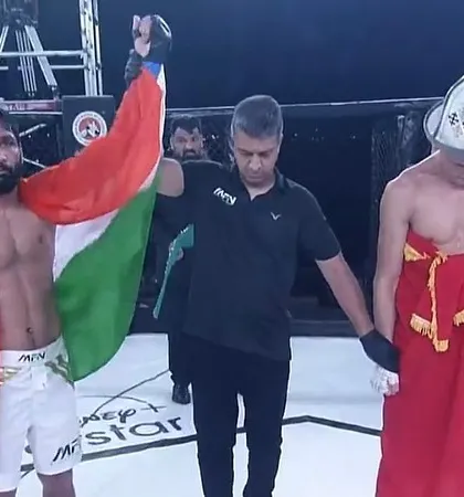 A moment of sportsmanship and victory. Our fighter Sanjeet Budhwar with the Indian flag after winning the MFN Featherweight championship in Dubai.