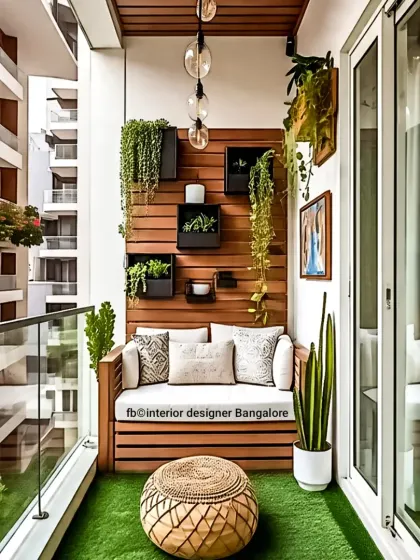 A stylish balcony with an artificial grass floor and a comfortable wooden bench. The vertical planter wall and hanging lights add layers of texture and charm, creating a cozy garden feel.
