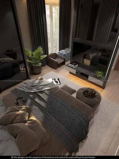 An overhead view of a bedroom with a dark, moody theme. The design includes a large TV unit with fluted paneling and a mirrored wardrobe, creating a luxurious and immersive space.