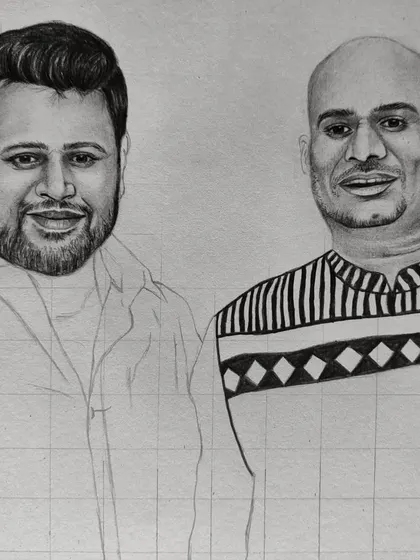 The beginning stages of a large A3 family portrait. Here, I've sketched two family members and am preparing to add the third, showing how I combine multiple subjects.