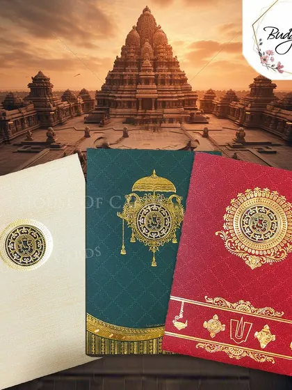 A collection of traditional invitations in rich red, green, and cream, featuring grand temple and Ganesha motifs.