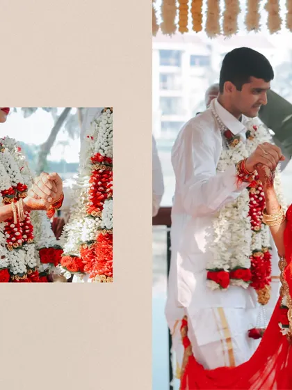 A collage focusing on the sacred rituals of a South Indian wedding ceremony. We capture the tying of the mangalsutra and other significant moments that mark the couple's union.