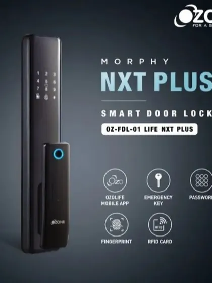 A promotional image for the Morphy NXT Plus smart door lock. It clearly displays the five ways to unlock: Ozolife mobile app, emergency key, password, fingerprint, and RFID card.