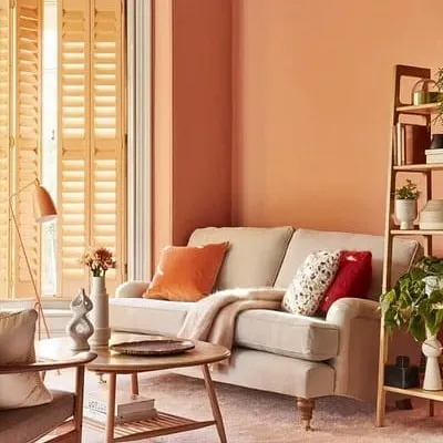 Warm, earthy tones like this terracotta create a cozy and inviting living room. We help select shades that work beautifully with natural light from windows and wooden shutters.