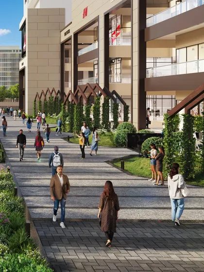 A wide view of the pedestrian walkway outside a multi-level retail complex. We included numerous 3D characters to simulate a busy, vibrant shopping environment.