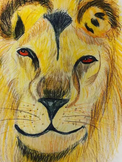 It is amazing what young hands can create. This powerful lion portrait was drawn with colored pencils by a seven year old student. I teach them how to layer colors and use strokes to create texture, like the fur in this drawing.