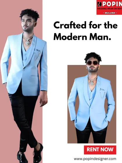 This sky blue three-piece suit is a fantastic option for a day event or a summer wedding. It's a modern, refreshing color that stands out with class.