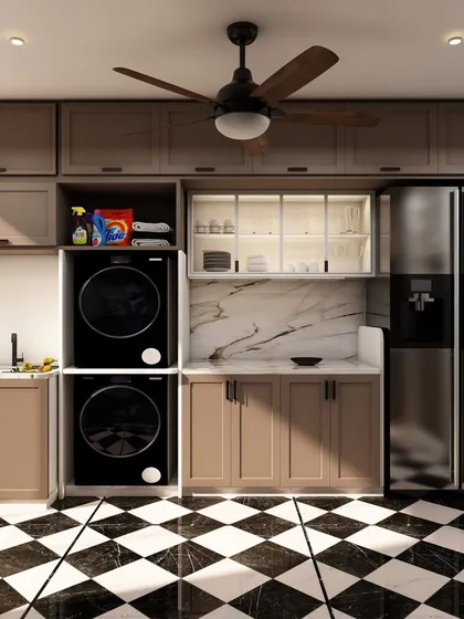 This design incorporates a utility area within the kitchen, with stacked laundry machines, a small sink, and plenty of overhead storage.
